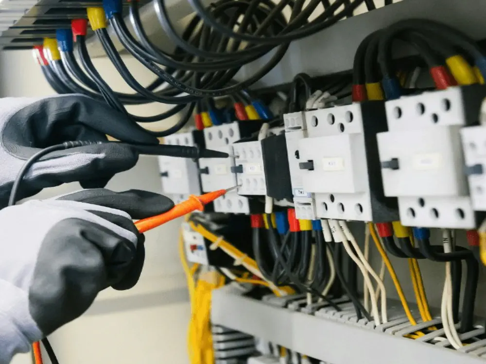 Eletricista de luvas trabalhando em um quadro de comando com fios coloridos